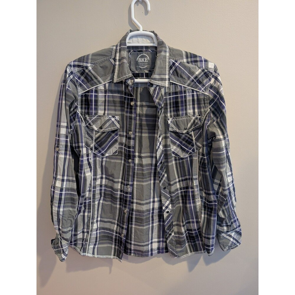 Men’s BKE For Buckle Athletic Fit Pearl Snap Roll Tab Button Up Shirt Sz M EUC